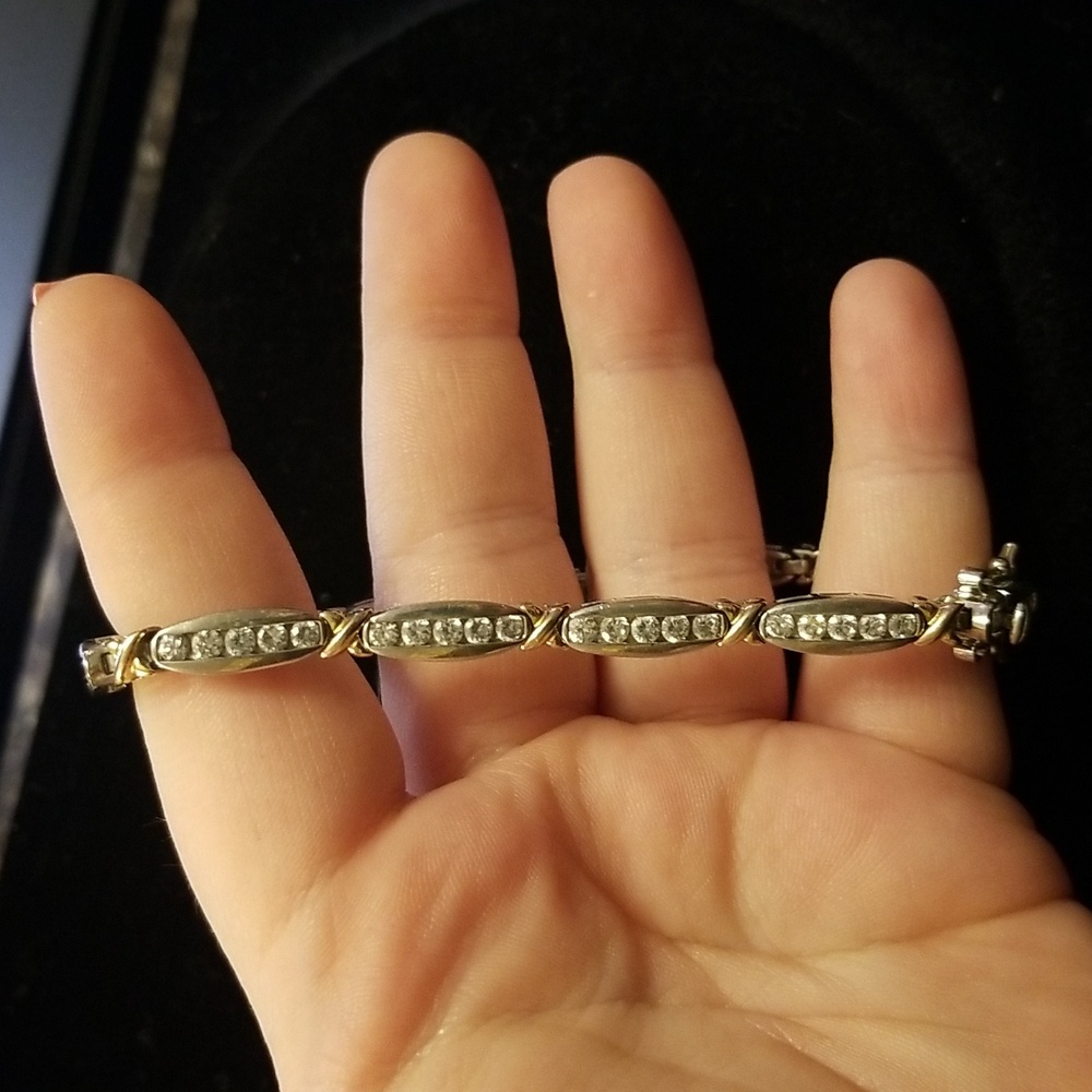 925 CZ fashion bracelet silver and gold tone 8in